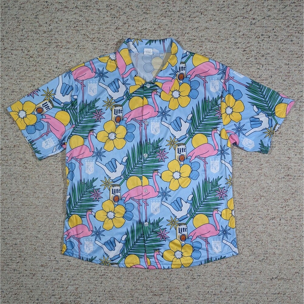 Kansas City Royals Lite Beer Hawaiian Shirt Adult XL Button Up Flamingo Blue SGA